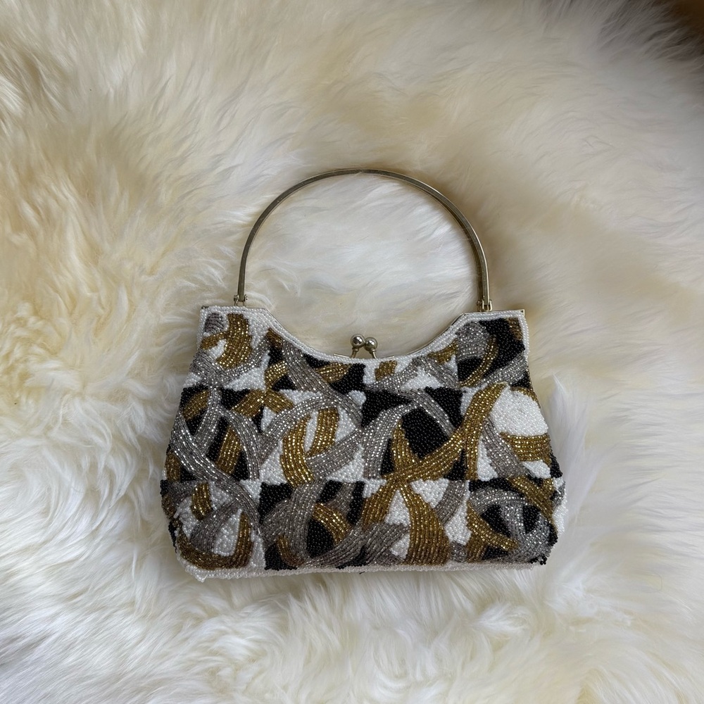 Vintage Elegant Beaded Handbag - Black, Gold, and White